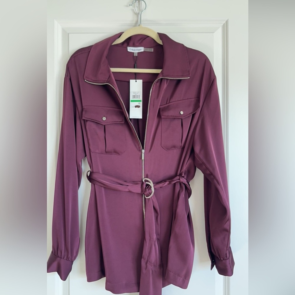 Calvin Klein Women's Belted Satin Jacket Blouse in Burgundy Plum Purple NWT